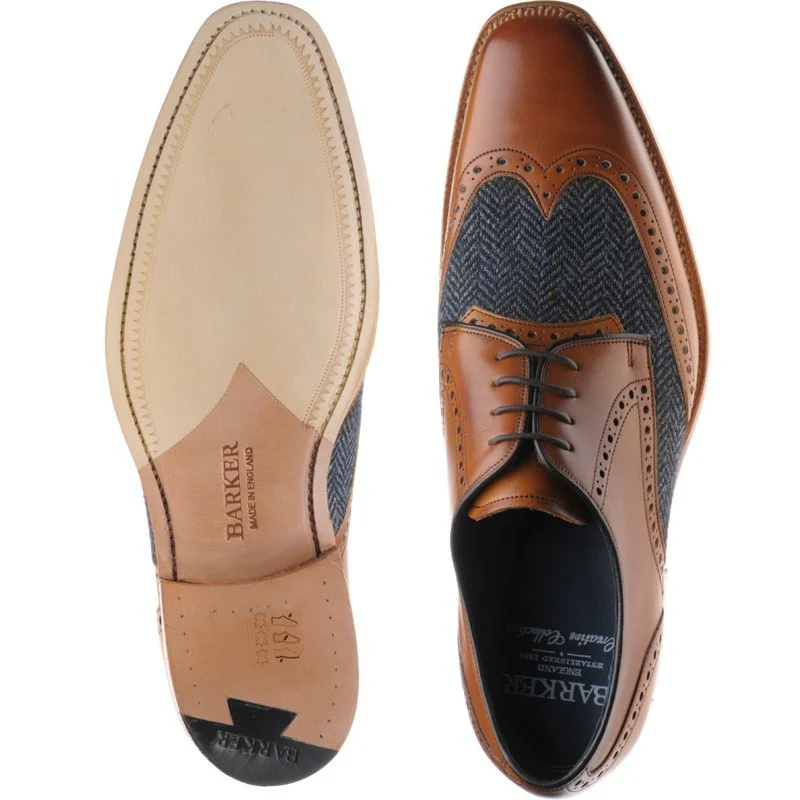 Barker Jackson mens tweed brogues in cedar calf and blue tweed - Image 3