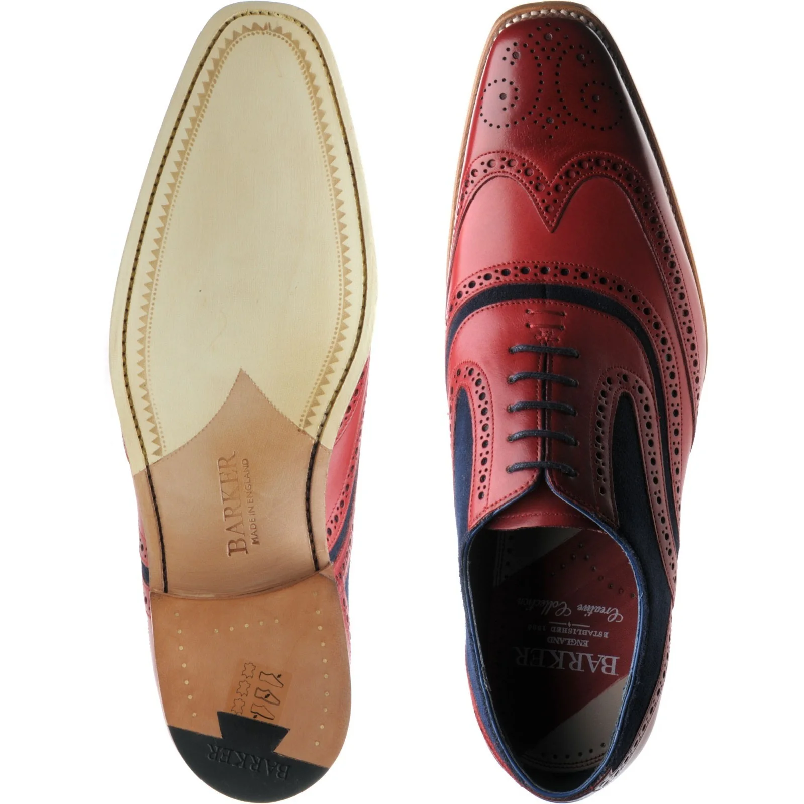 Barker McClean mens brogues in red painted calf and navy suede - Image 3