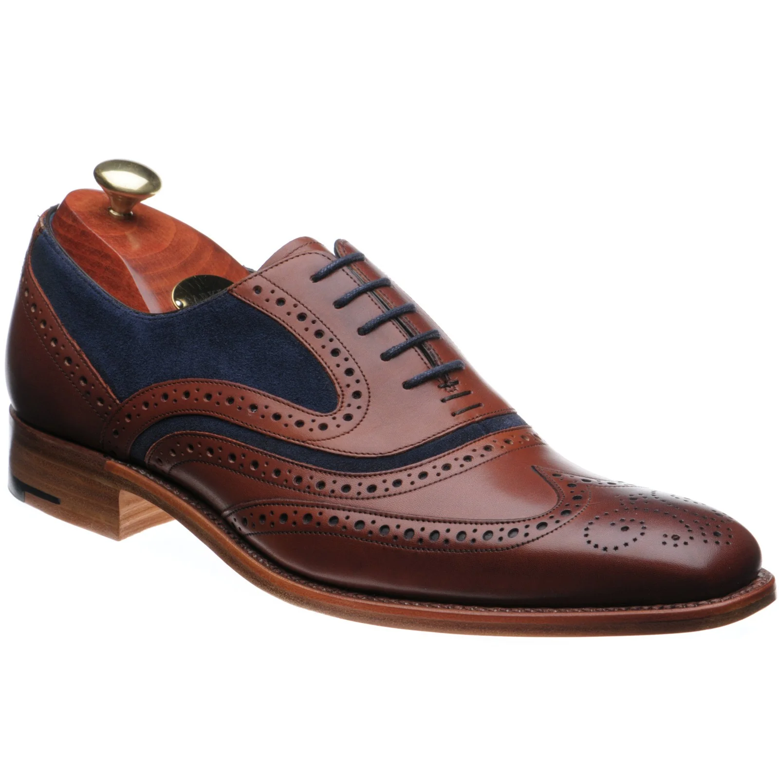 Barker McClean mens brogues in rosewood calf and navy suede