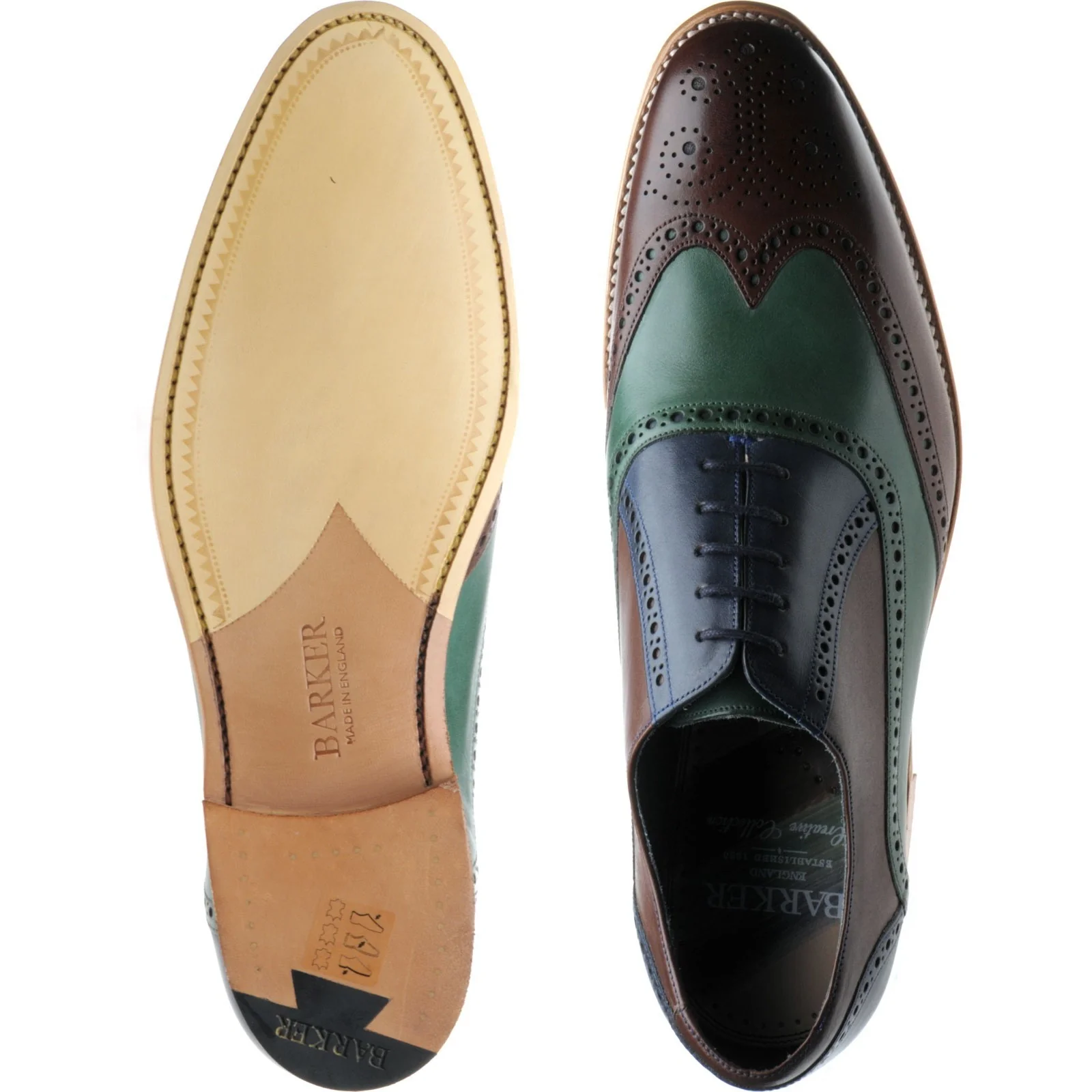 Barker Valiant mens brogues in ebony green blue hand painted calf - Image 3