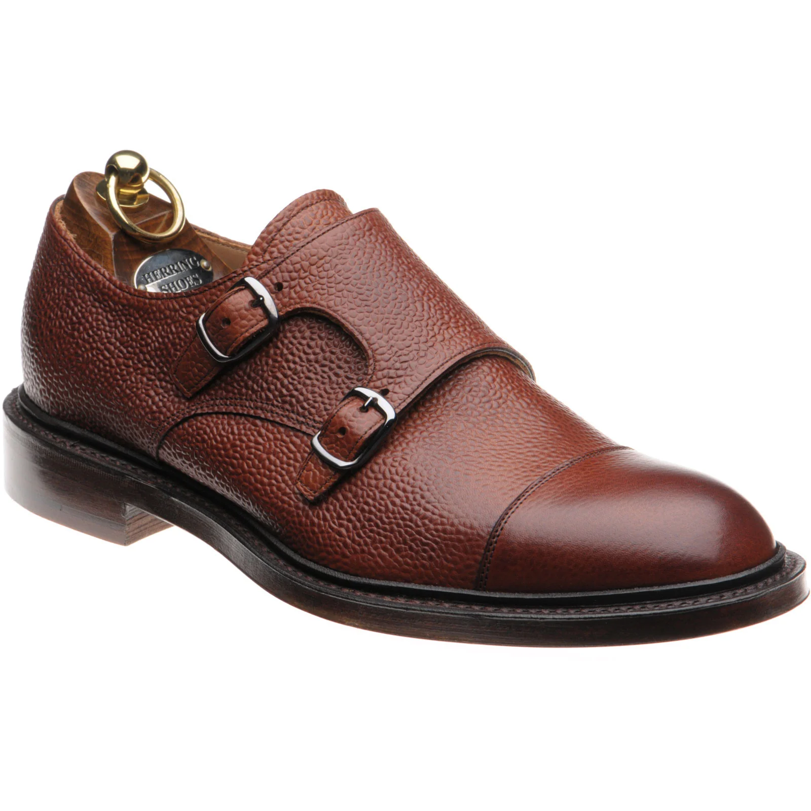 Herring Braybrooke mens double monk shoes in dark leaf grain (second)