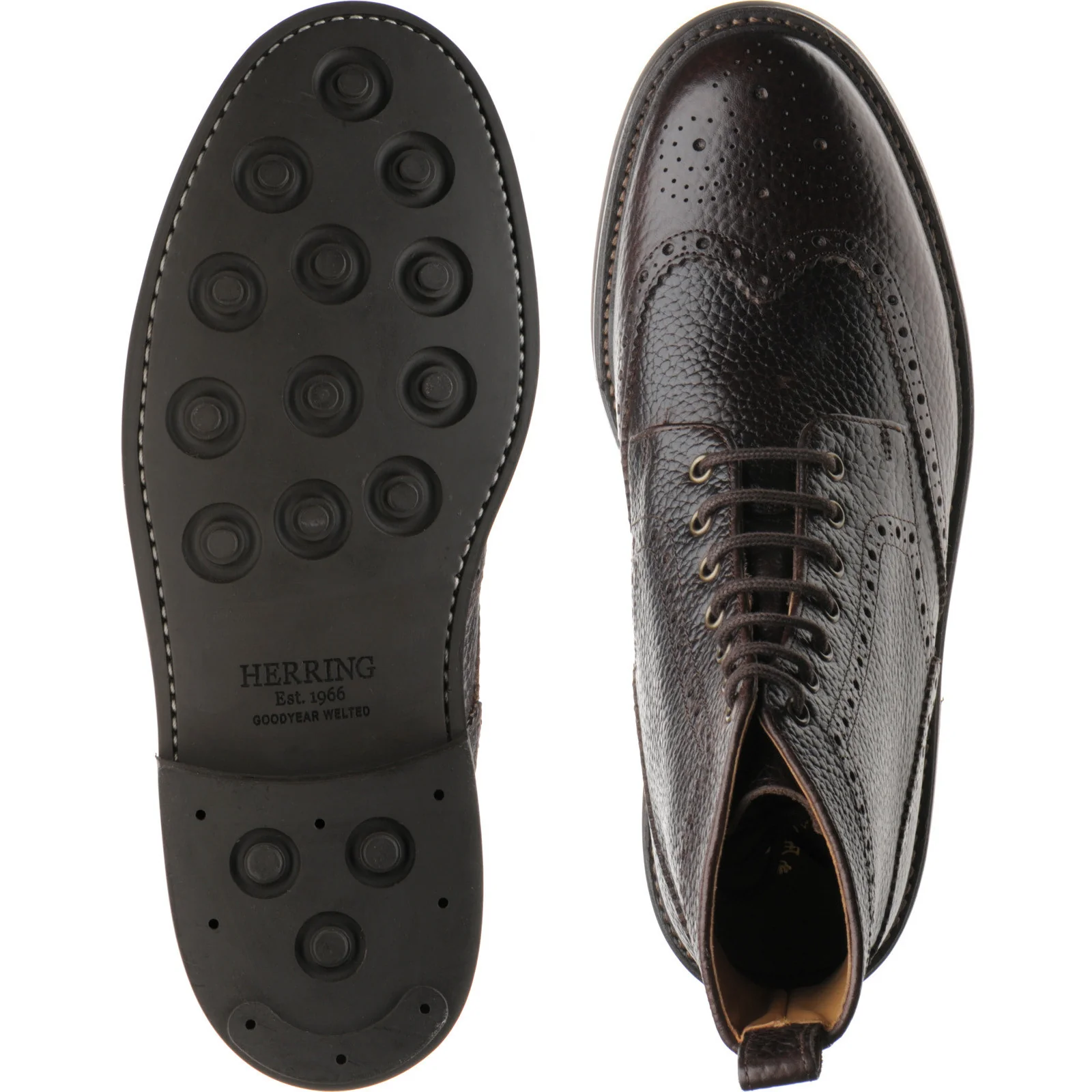 Herring Buxton (Rubber) mens rubber-soled brogue boots in brown heavy grain (second) - Image 3