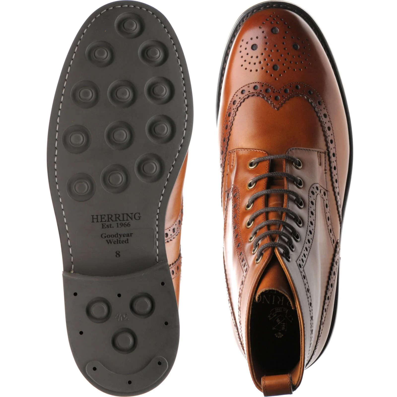 Herring Buxton (Rubber) mens rubber-soled brogue boots in tan calf - Image 3