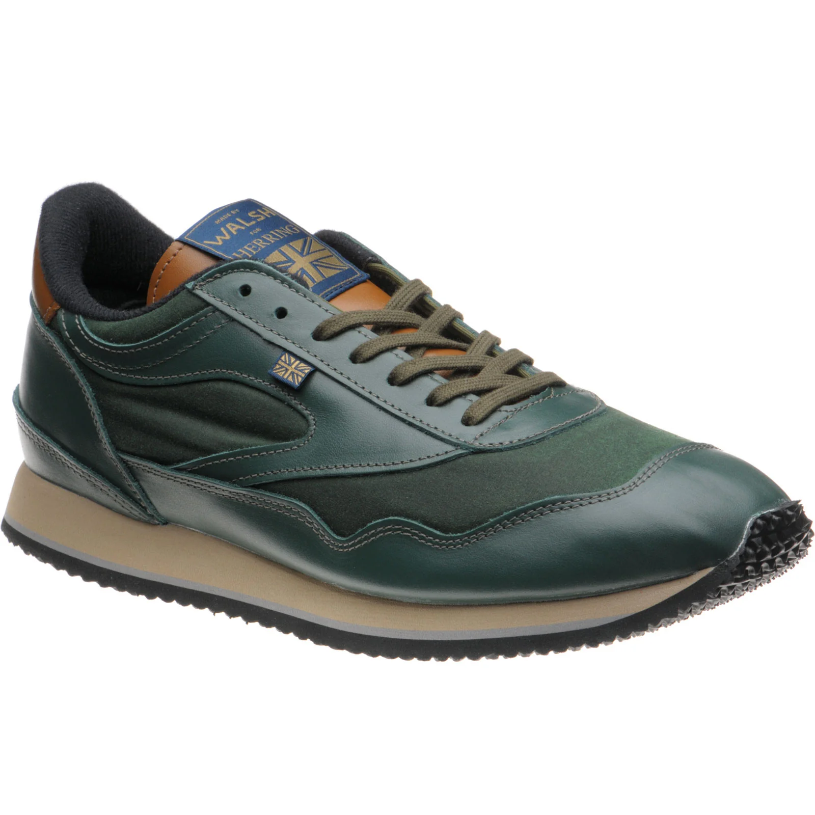Herring Ensign Trainer mens rubber-soled trainers in green calf and green waxed cotton