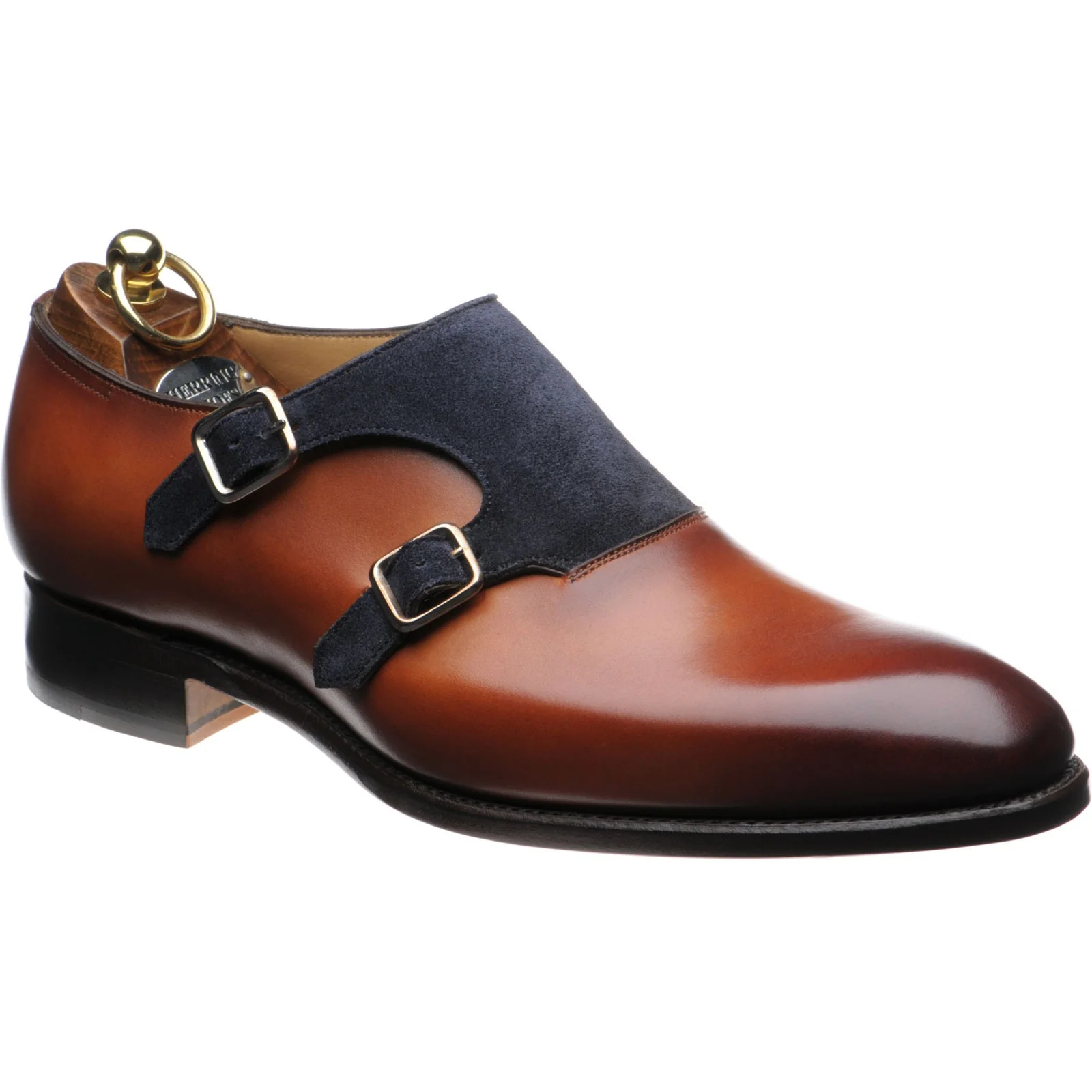 Herring Faversham mens double monk shoes in chestnut and navy