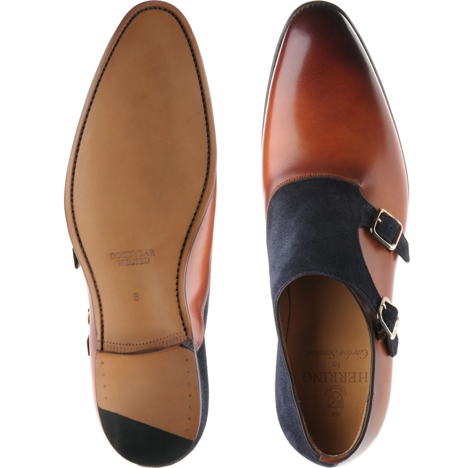 Herring Faversham mens double monk shoes in chestnut and navy - Image 3