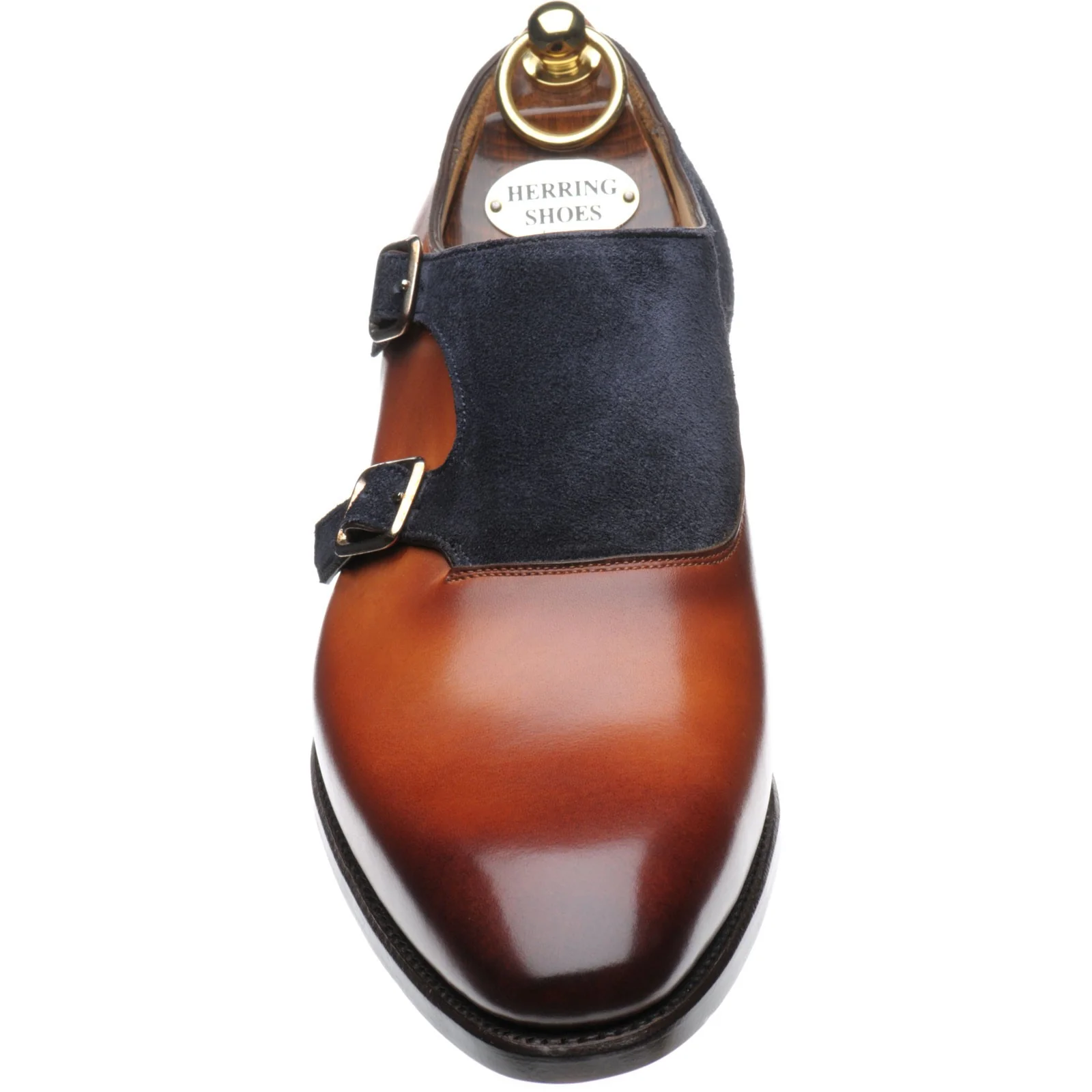 Herring Faversham mens double monk shoes in chestnut and navy (second) - Image 2