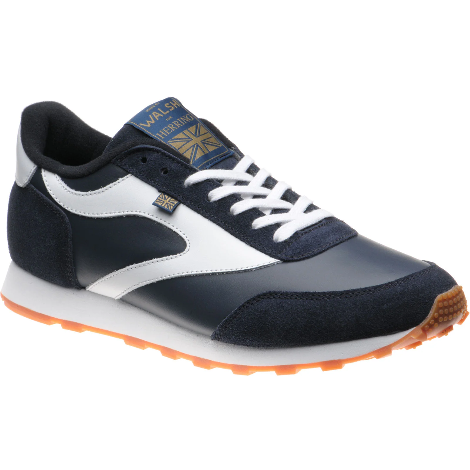 Herring Horwich Trainer mens two-tone rubber-soled trainers in navy calf suede and white calf