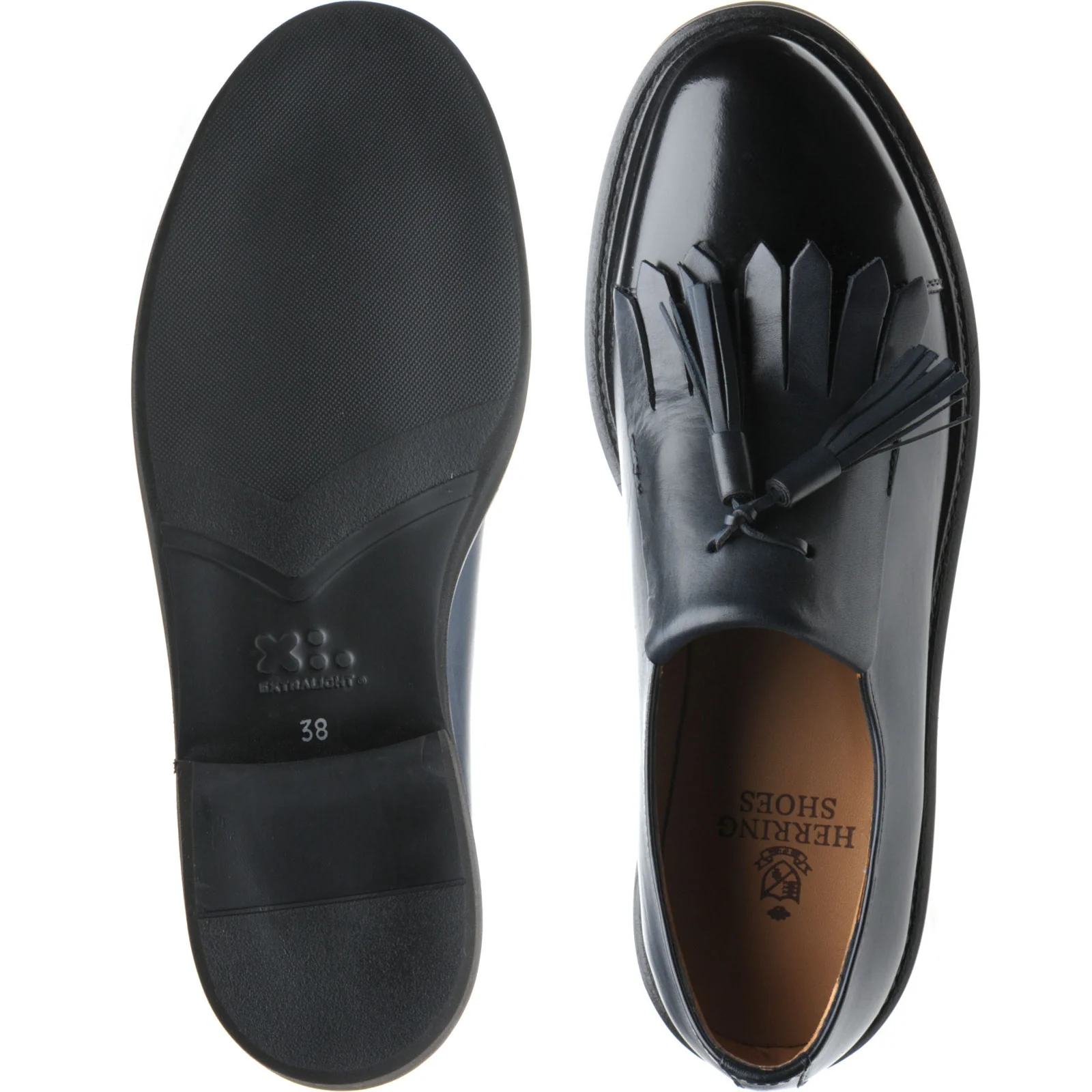 Herring Miranda ladies rubber-soled tasselled loafers in blue calf and black calf - Image 3