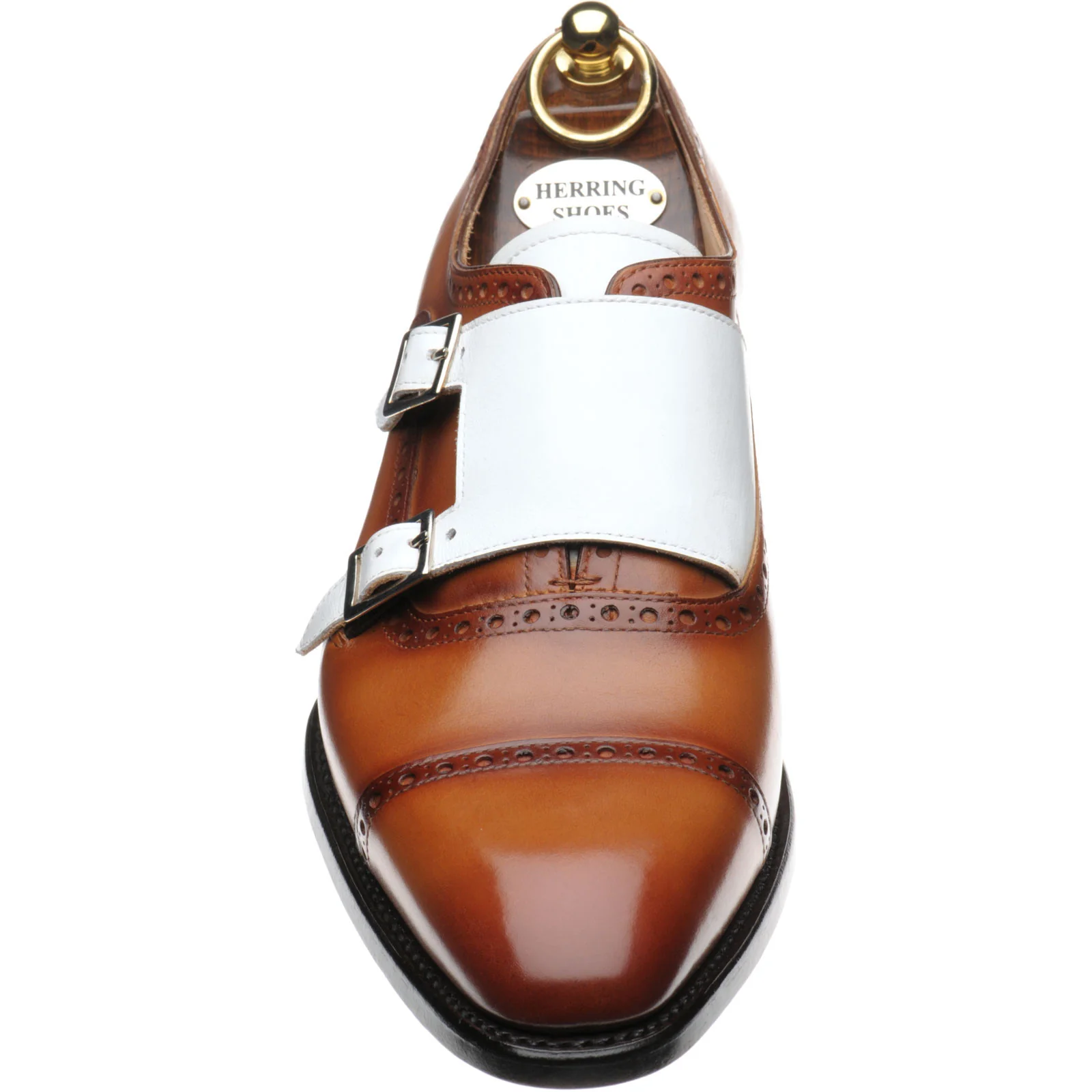 Herring Montford mens double monk shoes in brown and white calf - Image 2