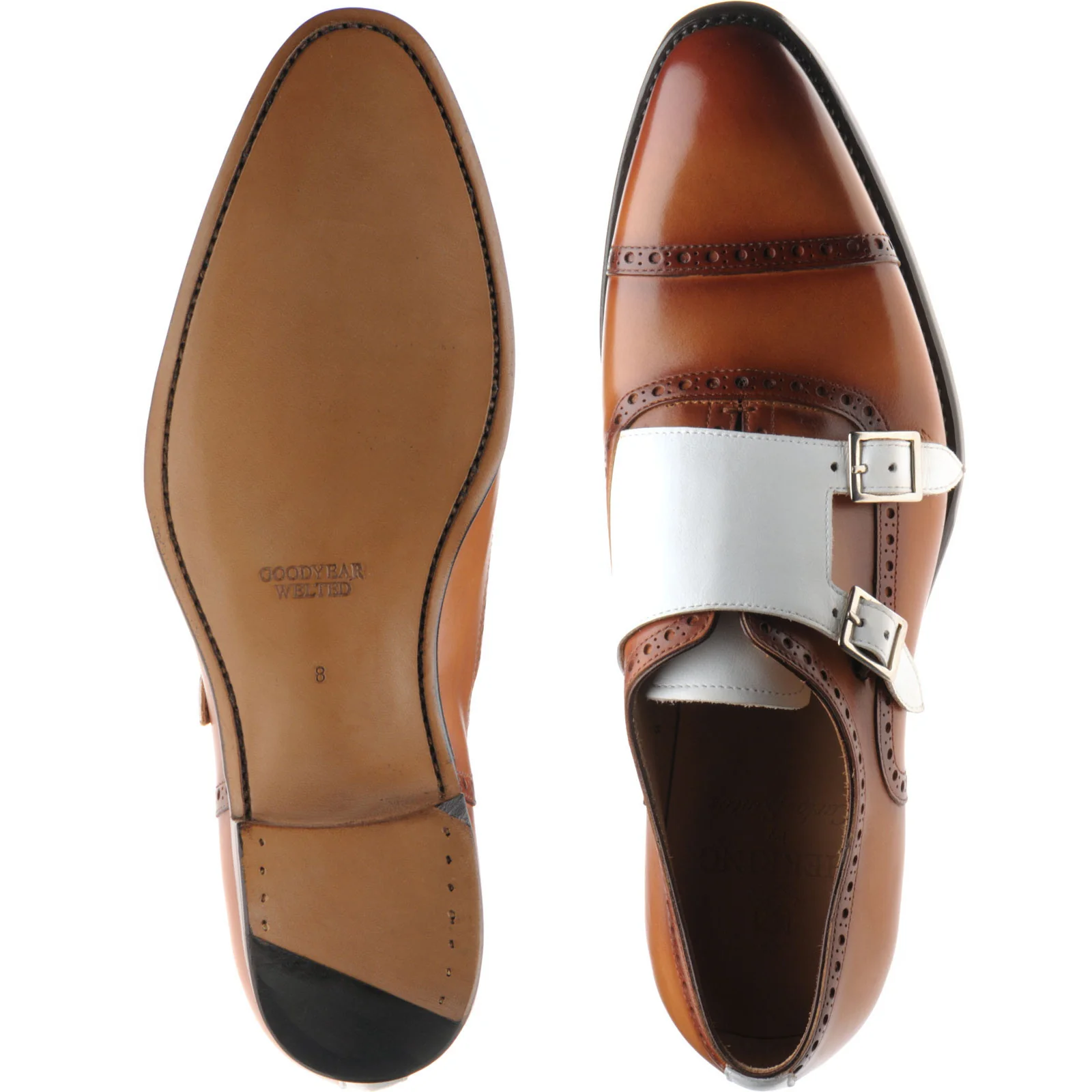 Herring Montford mens double monk shoes in brown and white calf - Image 3