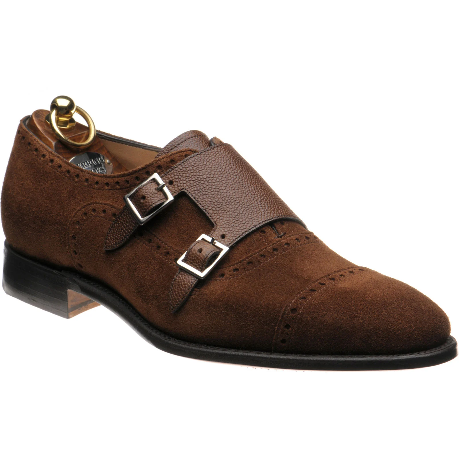 Herring Montford mens double monk shoes in brown grain and suede