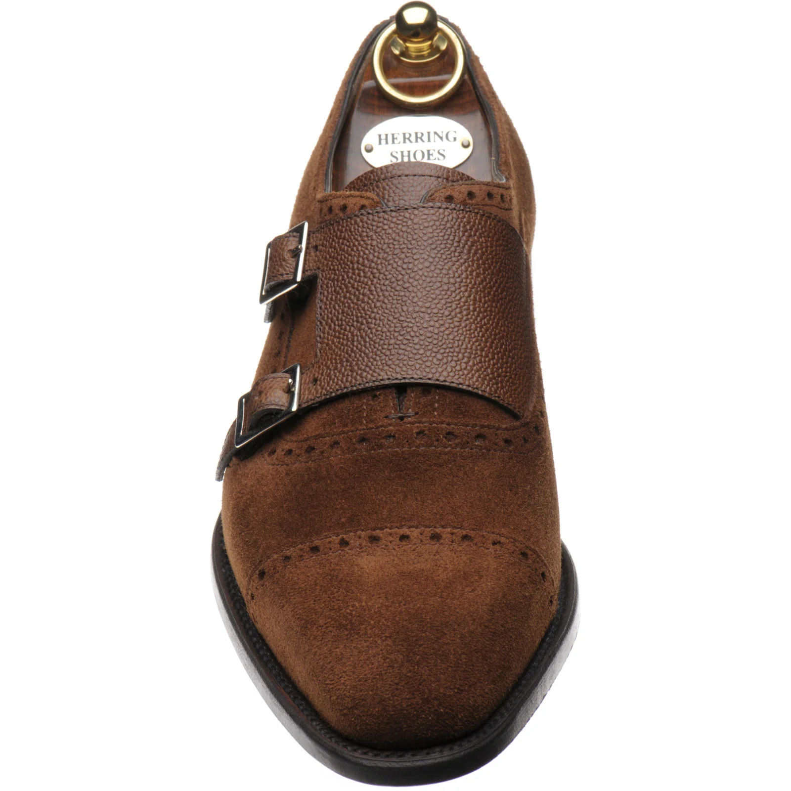 Herring Montford mens double monk shoes in brown grain and suede - Image 2
