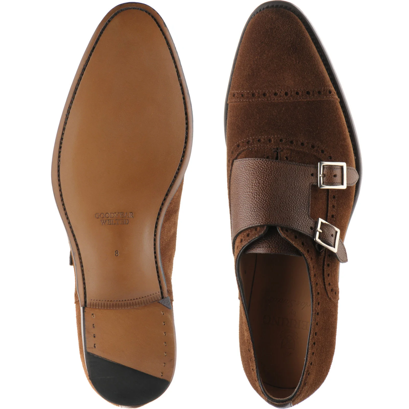 Herring Montford mens double monk shoes in brown grain and suede - Image 3