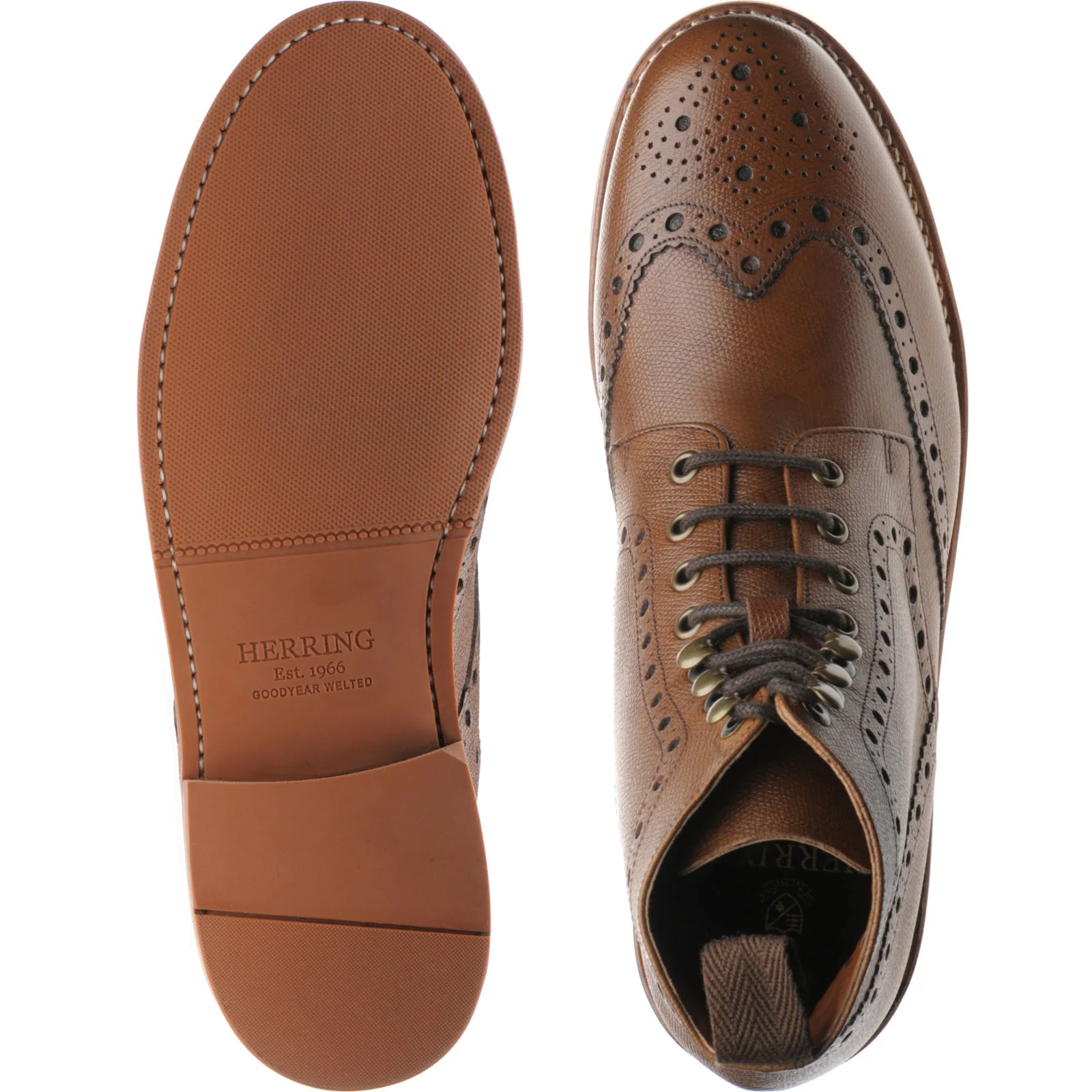 Herring Steeperton mens rubber-soled brogue boots in brown grain - Image 3