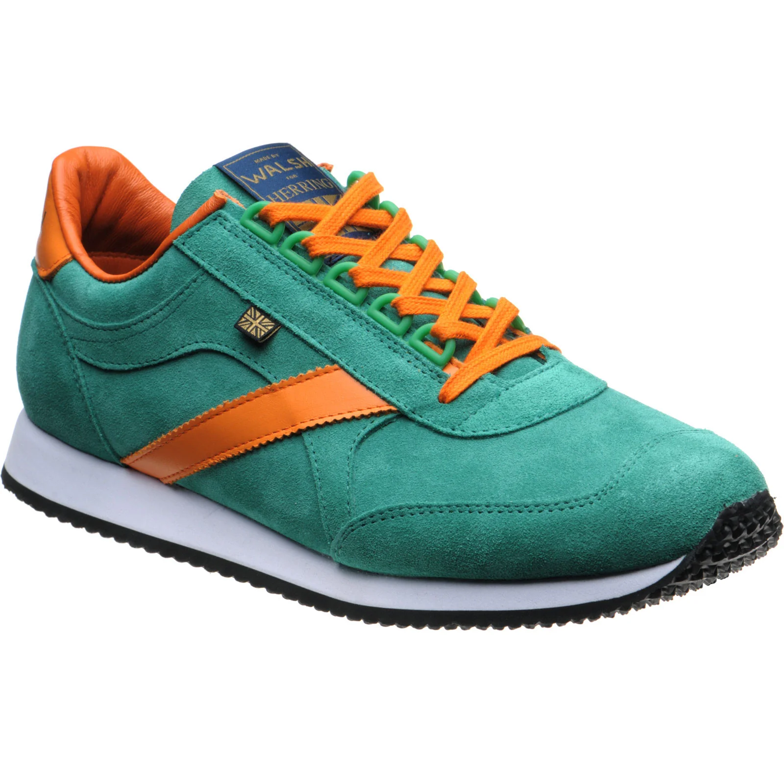 Herring Voyager Trainer mens rubber-soled in green suede and orange calf