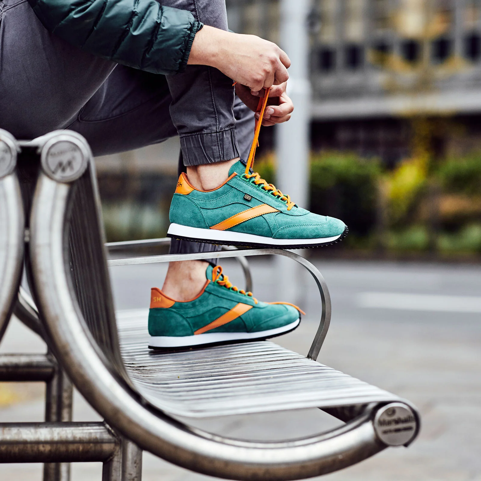 Herring Voyager Trainer mens rubber-soled in green suede and orange calf - Image 6
