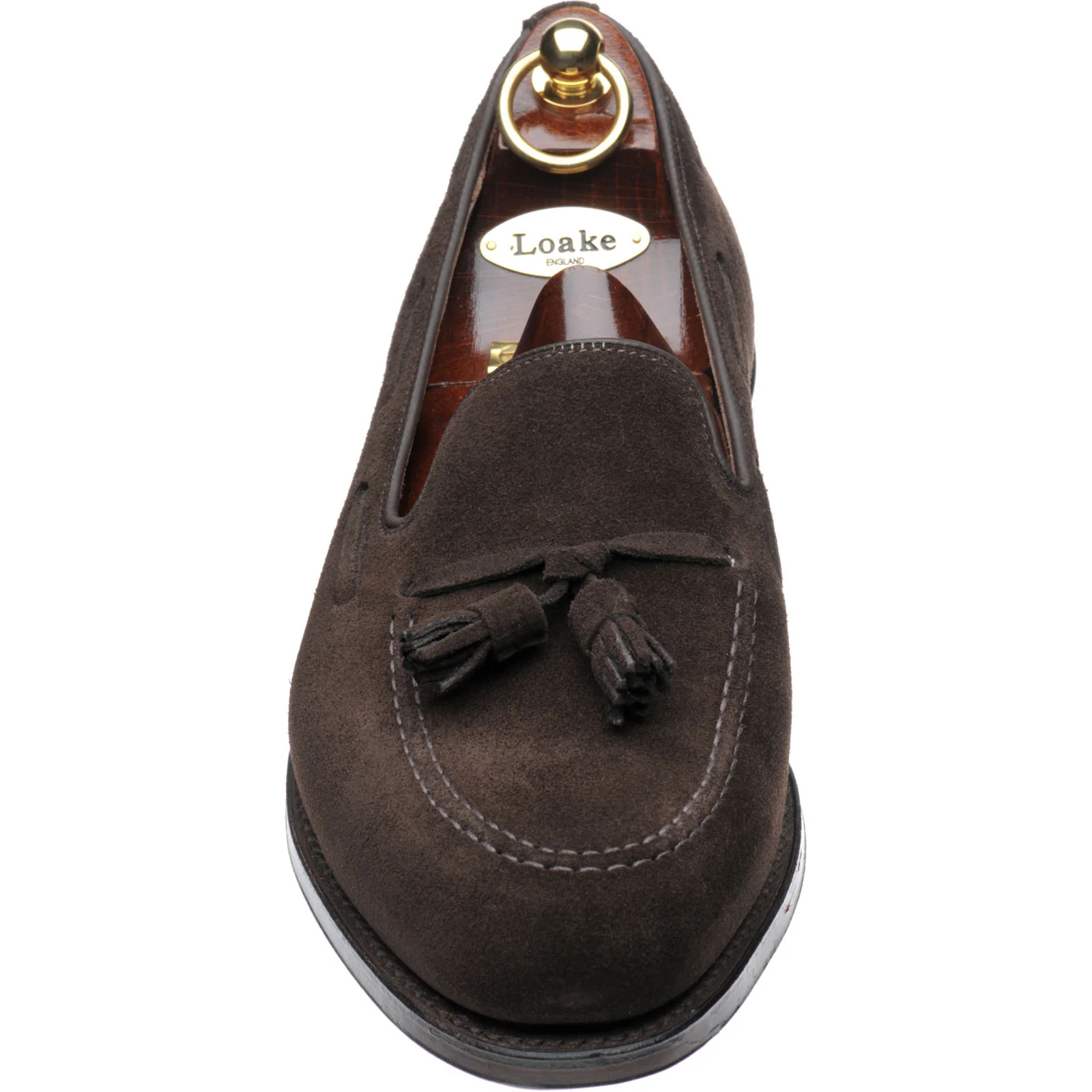 Loake Russell mens tasselled loafers in choc brown suede - Image 2
