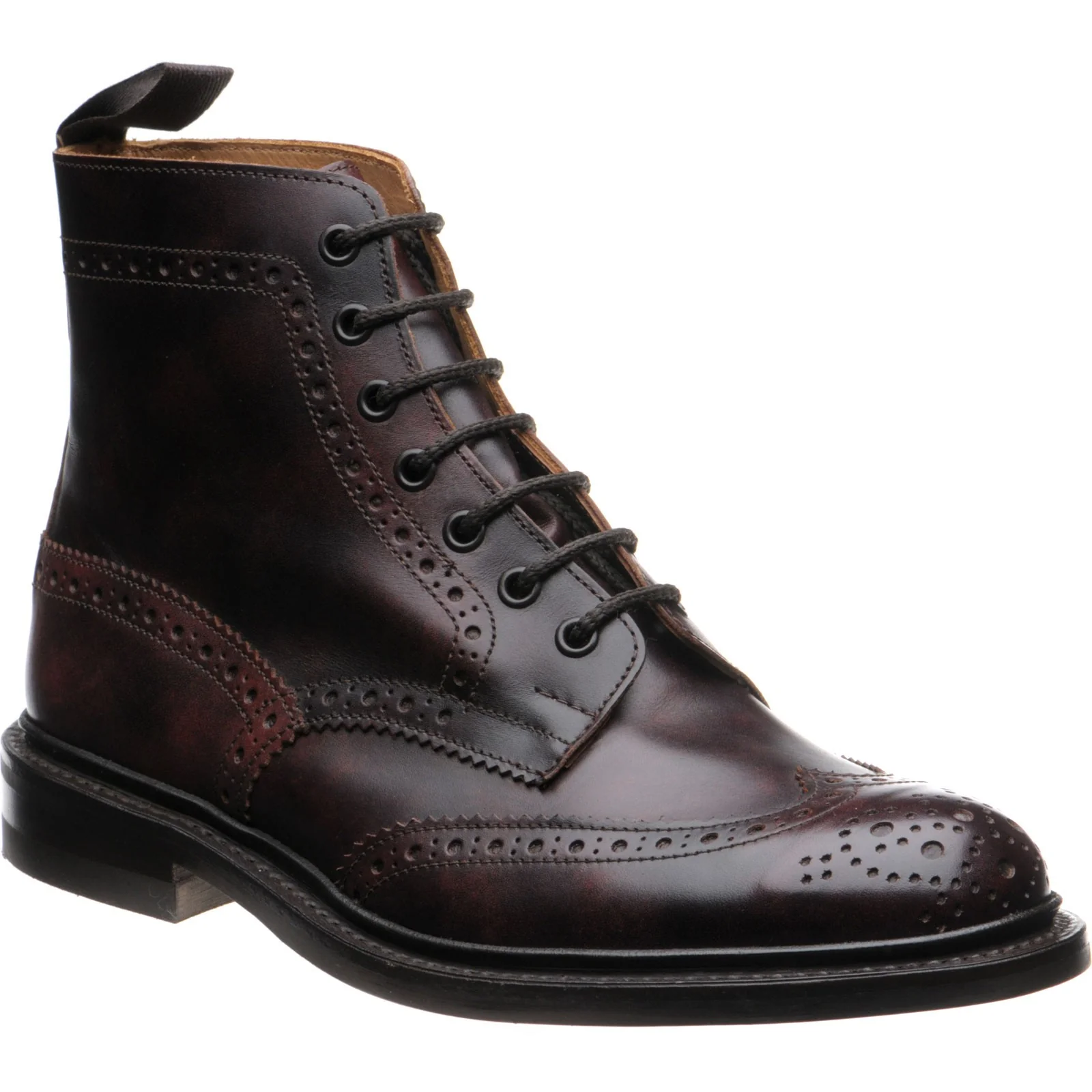 Trickers Stow (Rubber) mens rubber-soled brogue boots in burgundy museum calf