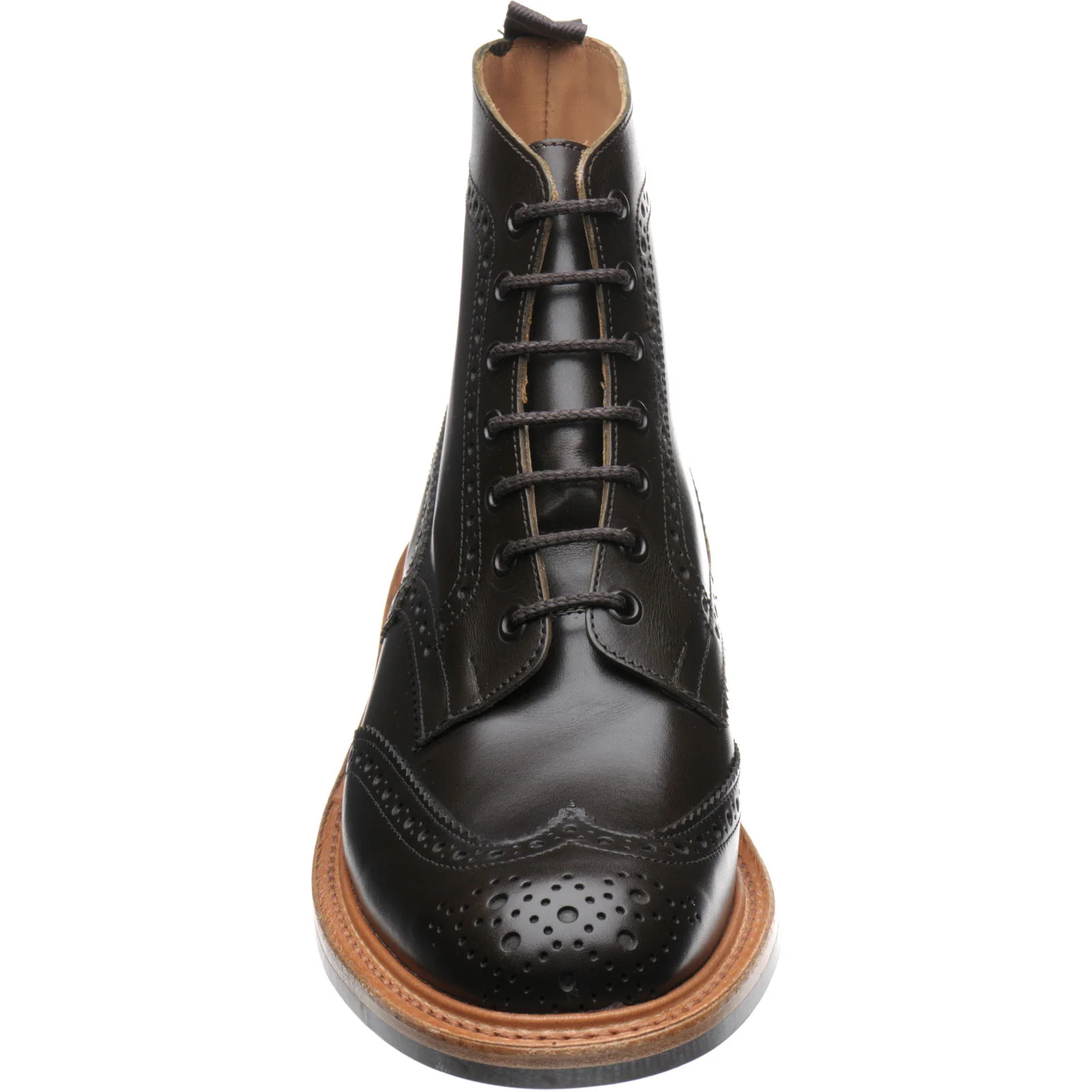 Trickers Stow (Rubber) mens rubber-soled brogue boots in cafe burnished calf - Image 2