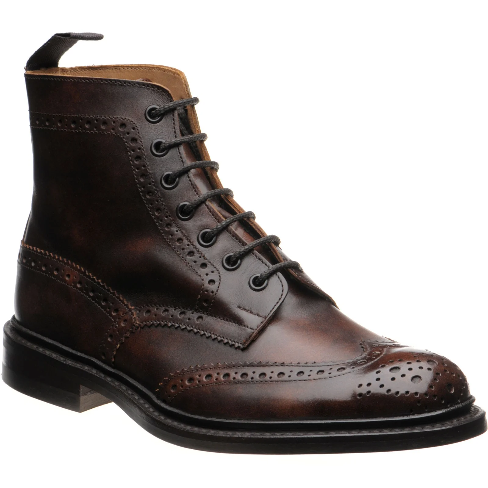Trickers Stow (Rubber) mens rubber-soled brogue boots in dark brown museum calf