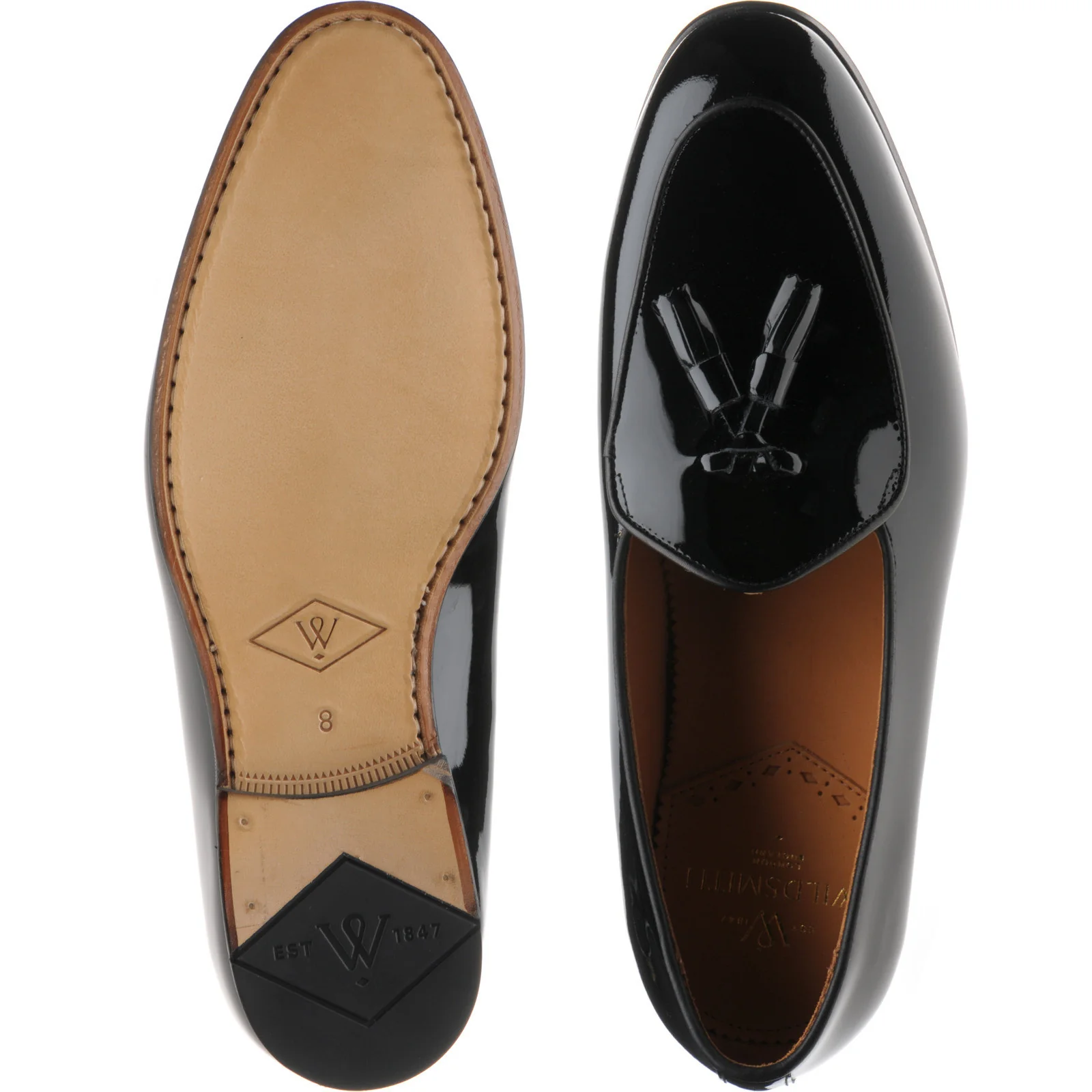 Wildsmith Model 88 mens tasselled loafers in black patent - Image 3